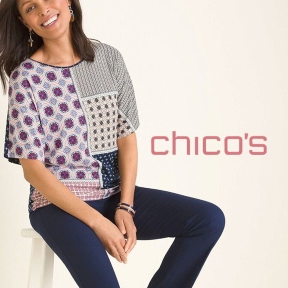 Chico's Women's Patchwork Embroidered Dolman Tee‎ Navy/Multi 0 (S)